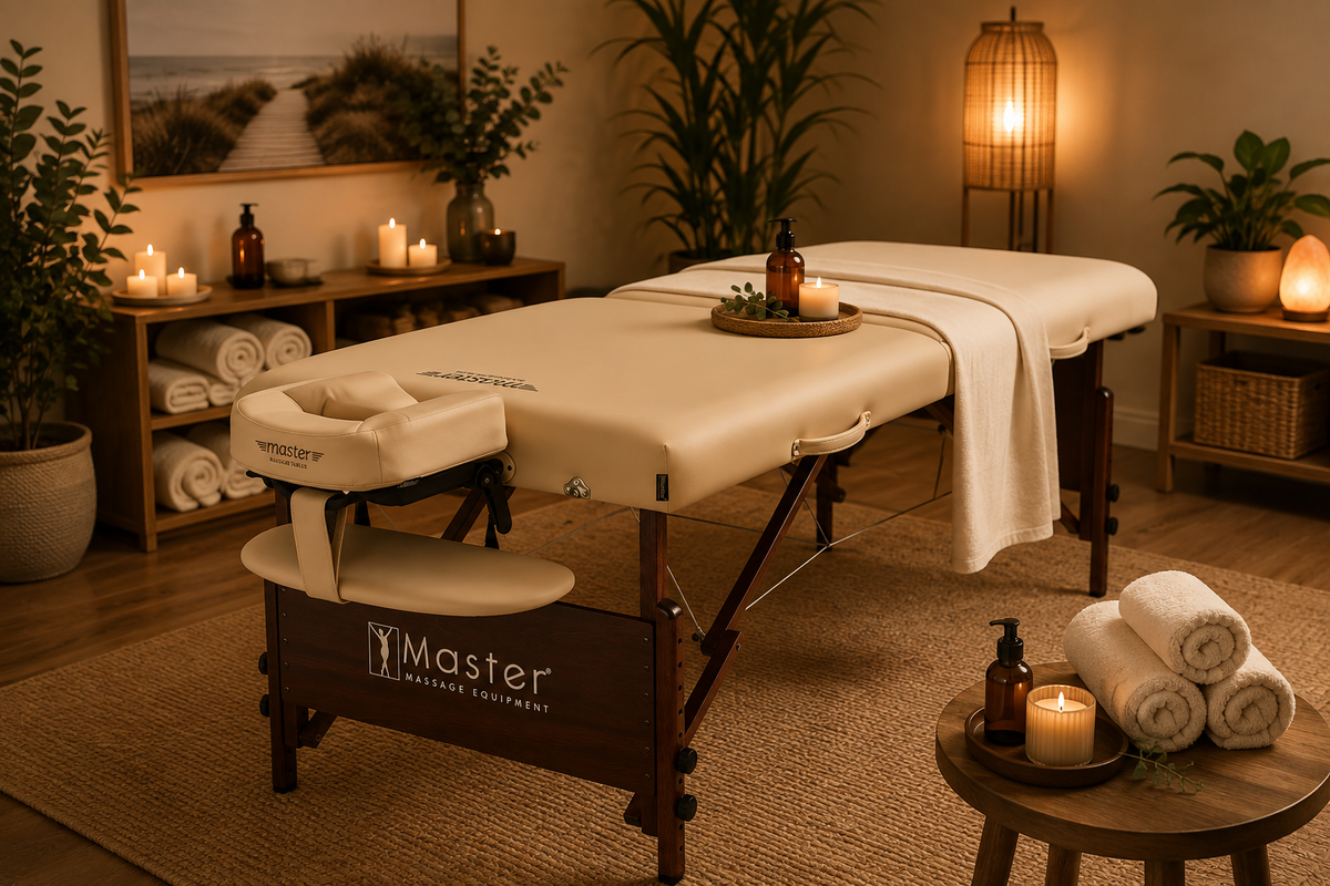 Massage table and essential equipment in a relaxing home spa
