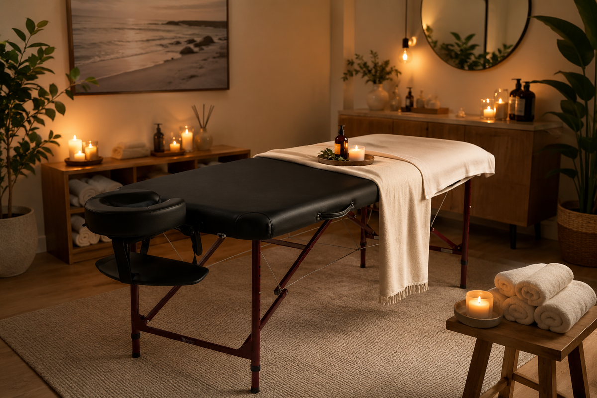 Portable treatment table set up for an esthetician or lash technician